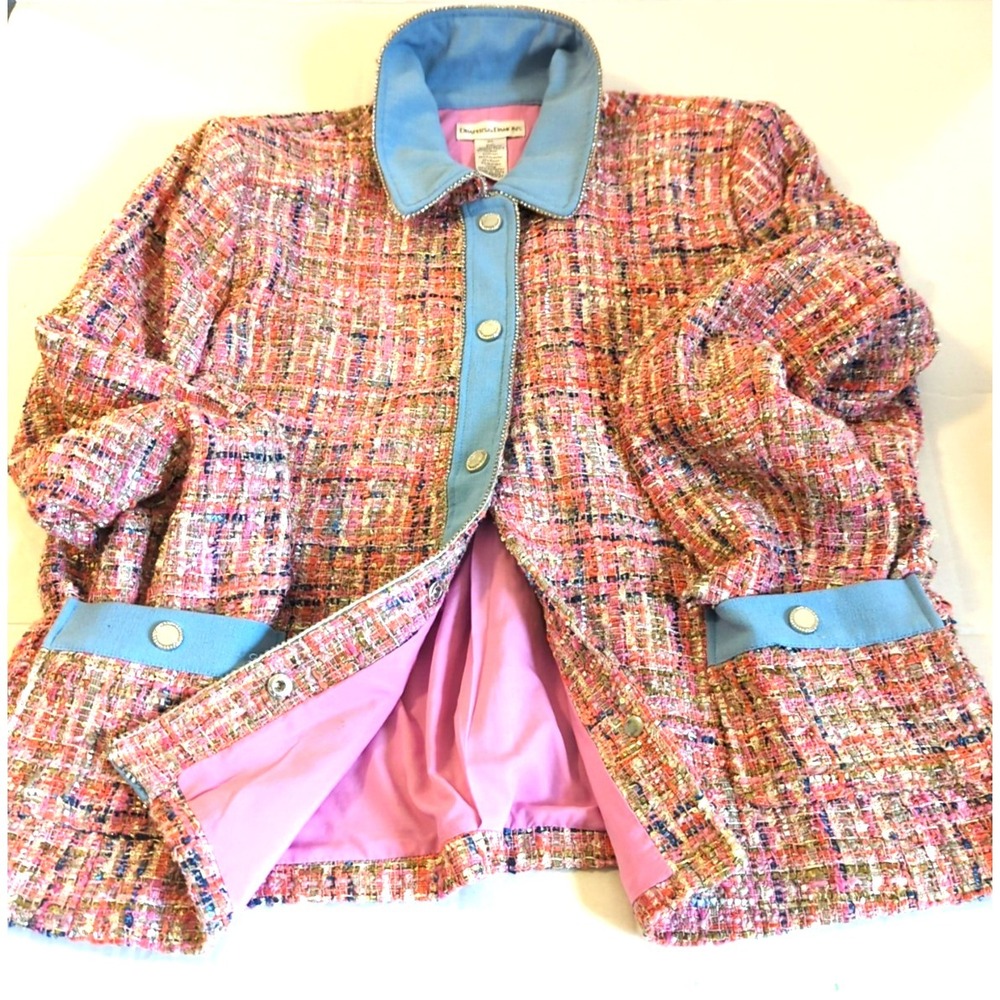 Tweed Jacket Women XL Pink Blue Metallic Rhinestone Accents City Chic Classic